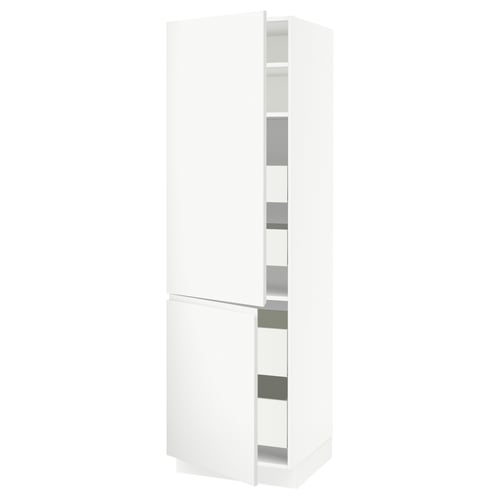 White kitchen cabinet, minimalist design, with integrated handles. Two adjustable shelves and soft-close doors.