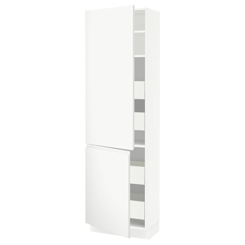 White, tall, modern storage cabinet with two sections and multiple shelves. Minimalist design, matte finish.