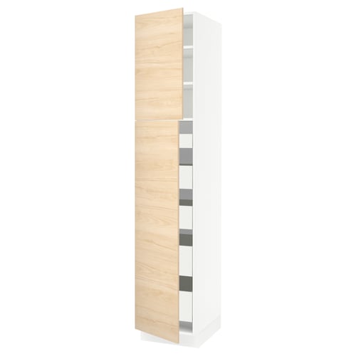 Empiks SEKTION kitchen cabinet in light ash wood and white, featuring adjustable shelves and a smooth-closing door.
