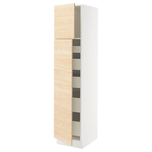 A light ash wood-patterned tall cabinet from the SEKTION kitchen system with adjustable shelves and a gentle-closing door.
