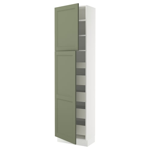 Green kitchen cabinet with shelves, open and closed doors, high and narrow design.