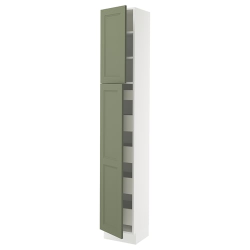 Modern kitchen cabinet in green with white trim, tall and narrow with multiple drawers, sleek and minimalist design.