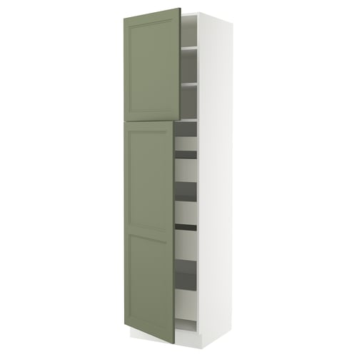 Ikea SEKTION kitchen unit in green with adjustable shelves.