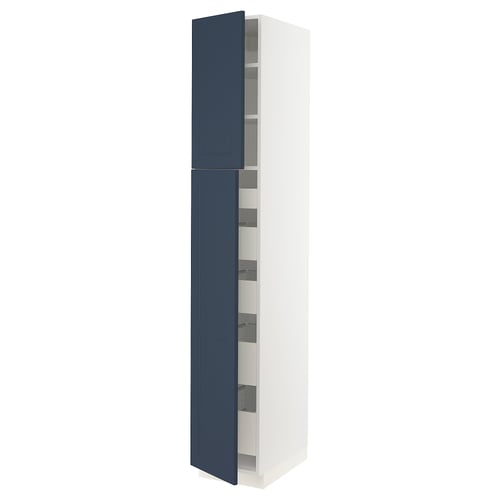 A white SEKTION kitchen cabinet with blue axstad doors and adjustable shelves.