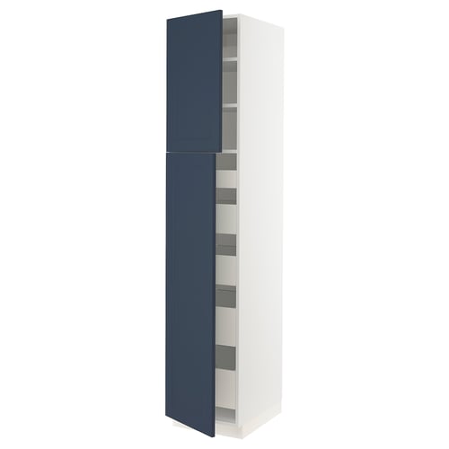 Modern kitchen cabinet in white and blue. Tall, rectangular shape with adjustable shelves and two blue doors, one open.