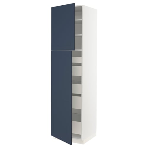 Blue fiberboard & foil cabinet with adjustable shelves, soft-closing doors.