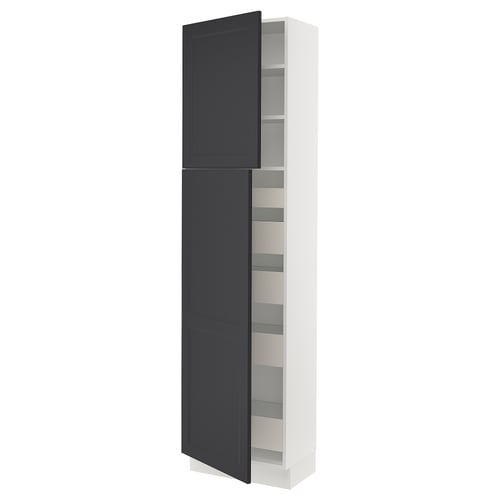 SEKTION kitchen cabinet in white with black door and multiple shelves.