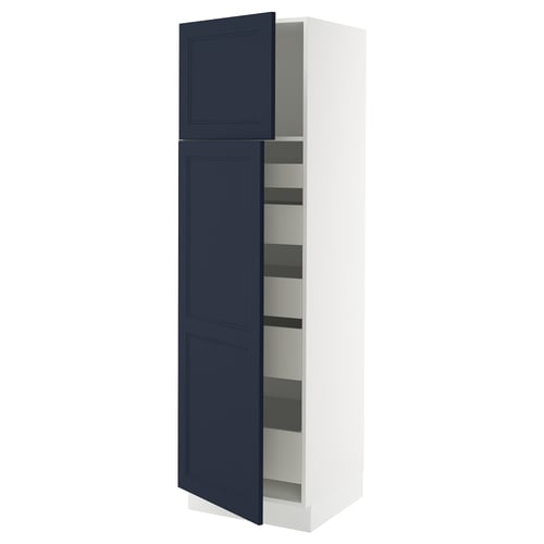 Blue cabinet with adjustable shelves in white SEKTION kitchen system.