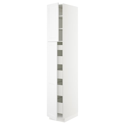 A white SEKTION kitchen cabinet with adjustable shelves, featuring a sleek design and modern aesthetics.