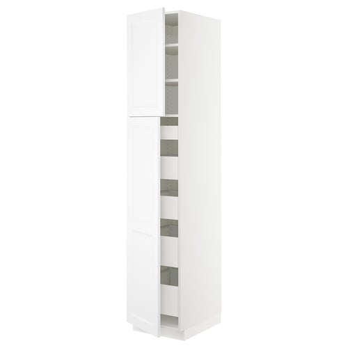 An SEKTION white kitchen cabinet with adjustable shelves and a door that opens left or right.