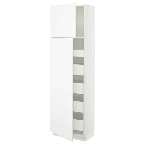 White SEKTION tall kitchen cabinet with two open doors showing shelves.