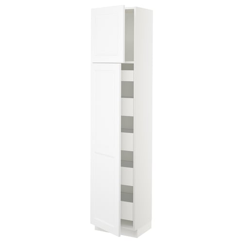 SEKTION white kitchen cabinet, slim and tall with shelves, modern design.