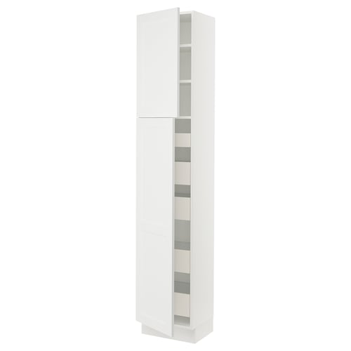 IKEAs white SEKTION cabinet with doors and shelves.
