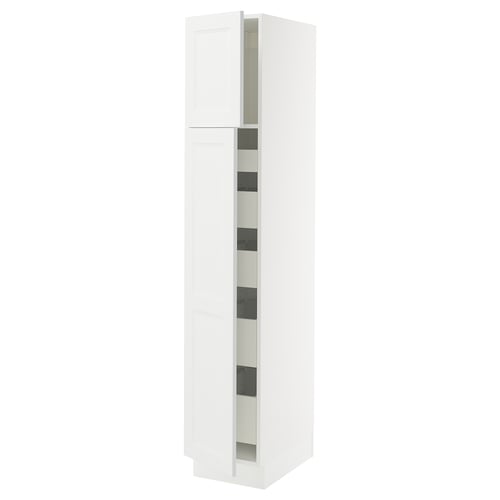 White SEKTION kitchen cabinet with glass doors and adjustable shelves.