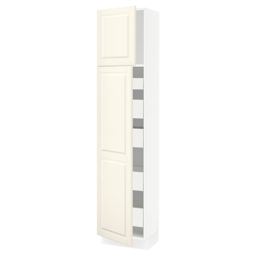 White SEKTION kitchen cabinet with two doors, one open showing shelves.