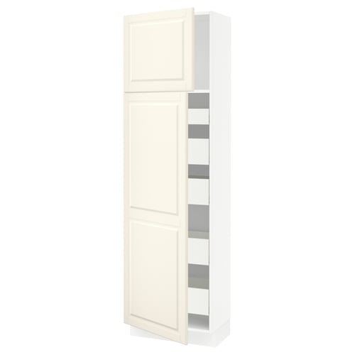Depicts a tall, white SEKTION cabinet with a door and shelves, offering storage and a traditional design.