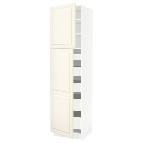 This image shows a white SEKTION kitchen cabinet with off-white bodbyn doors, featuring bevelled edges and adjustable shelves.