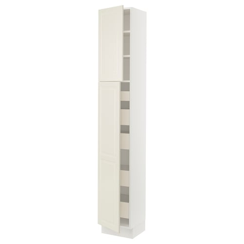 An off-white SEKTION kitchen cabinet with double doors and multiple shelves, displaying a sleek traditional design.