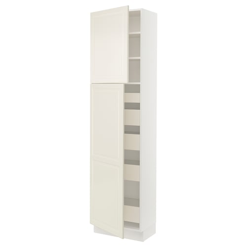 An off-white SEKTION kitchen cabinet with a traditional design, featuring two doors that open to reveal multiple shelves and drawers.