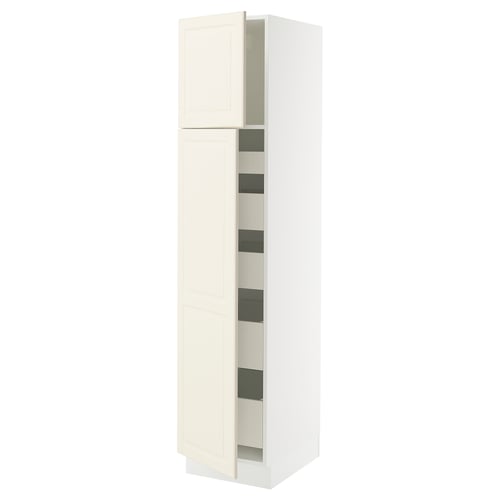 White SEKTION kitchen cabinet with off-white doors and shelves. Tall, rectangular, with adjustable shelves.