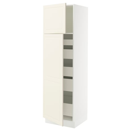 White SEKTION kitchen cabinet with off-white bevelled doors and adjustable shelves.