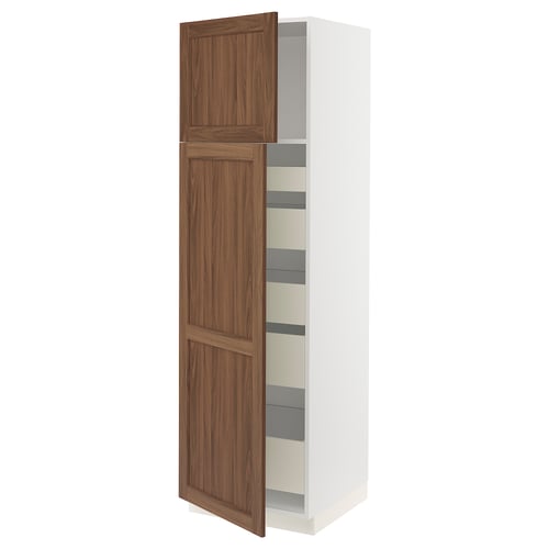 A SEKTION kitchen cabinet with an open door. The cabinet is white with a wooden brown door, featuring multiple shelves inside.