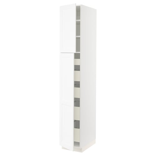The SEKTION kitchen cabinet in white with a subtle grain structure. It has adjustable shelves and a silent closing door.