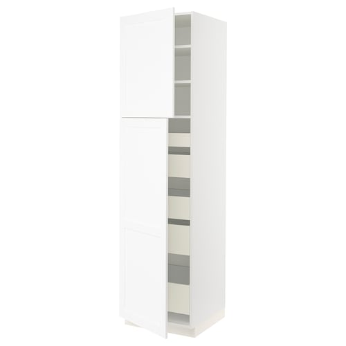 A SEKTION white kitchen cabinet with multiple shelves. It a sleek design with a door that can swing left or right.