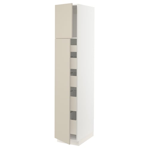 A beige SEKTION kitchen cabinet with adjustable shelves and dampened hinges.