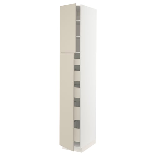 White kitchen cabinet, beige doors, adjustable shelves.
