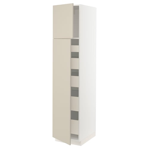 White and beige tall storage cabinet with adjustable shelves and soft-close hinges.