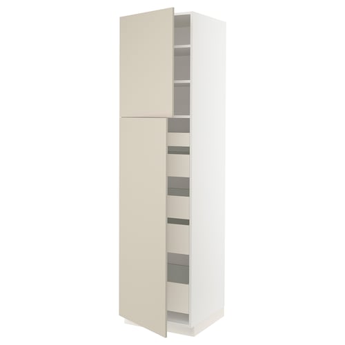 Ikea SEKTION white cabinet with beige doors, adjustable shelves, and soft-closing hinges.