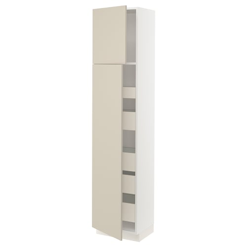 A beige SEKTION kitchen cabinet. Its tall with multiple shelves, smooth doors, and a sleek, modern design.