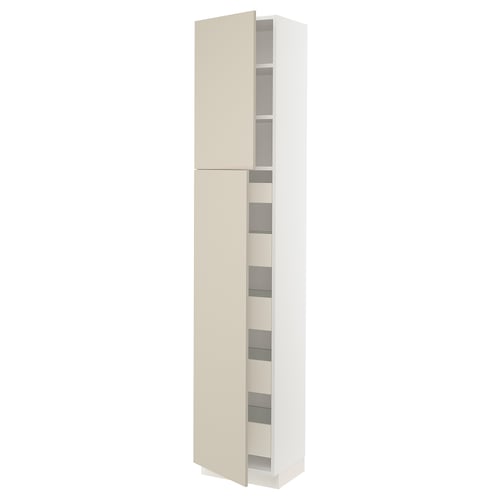 A beige SEKTION kitchen cabinet with a slim, tall design. It has multiple shelves and smooth, snap-on hinges.