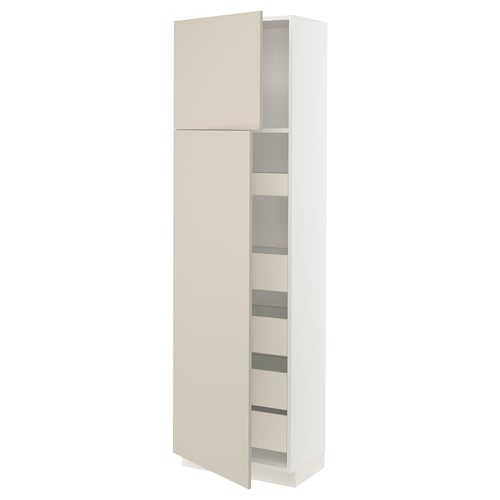 A white SEKTION kitchen cabinet with beige doors and multiple shelves, designed for storage.