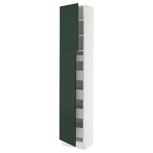 A vertical, white cabinet with green doors, featuring multiple shelves inside. Its part of the SEKTION kitchen system.