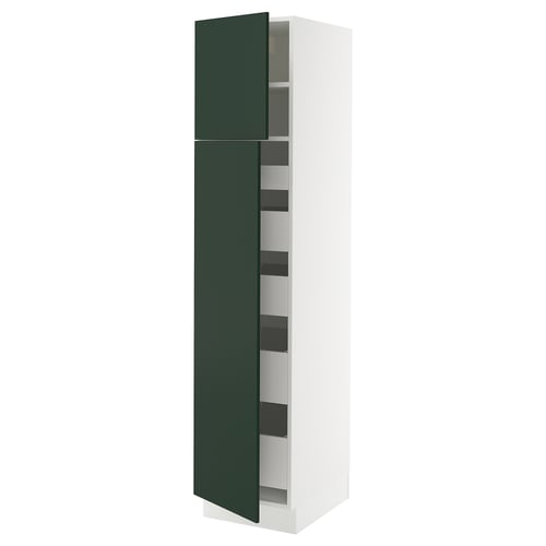White cabinet with green door, adjustable shelves.