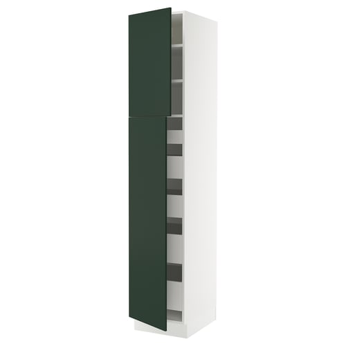 White cabinet with green doors, adjustable shelves.