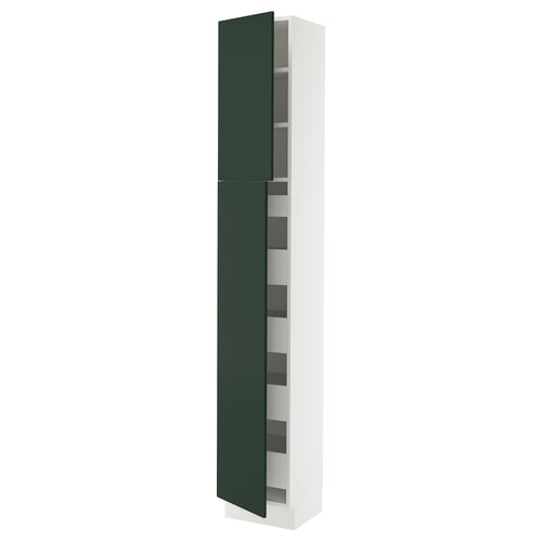 White kitchen cabinet with green doors, modern design.
