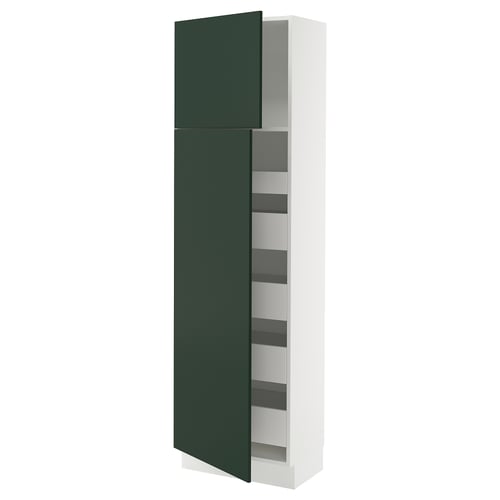 A tall, white kitchen cabinet with a dark green door, featuring multiple shelves and a sleek, modern design.