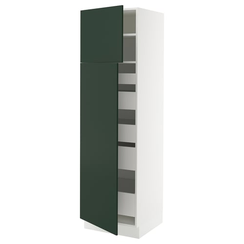 A modern kitchen cabinet named SEKTION with green havstorp doors, featuring multiple adjustable shelves inside.