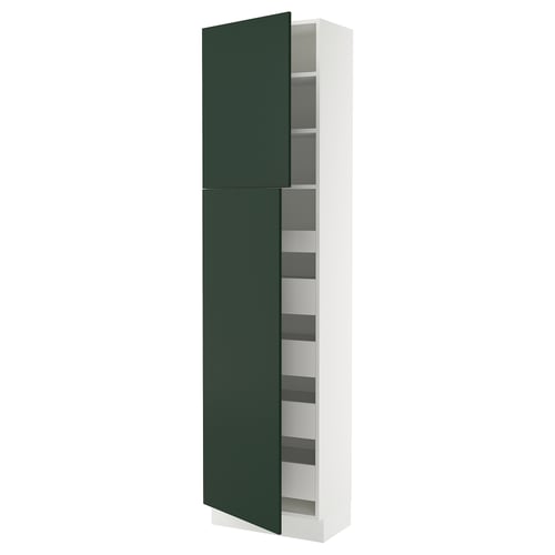 SEKTION tall kitchen cabinet with green havstorp doors, white frame.