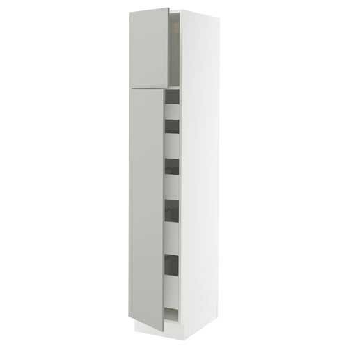 Modern tall white cabinet with adjustable shelves and soft-closing hinges. Sleek, minimalist design for kitchens.