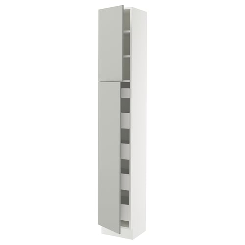 A tall white SEKTION kitchen cabinet with a sleek, modern design and grey interior shelves. It has two doors and integrates smoothly-running drawers.