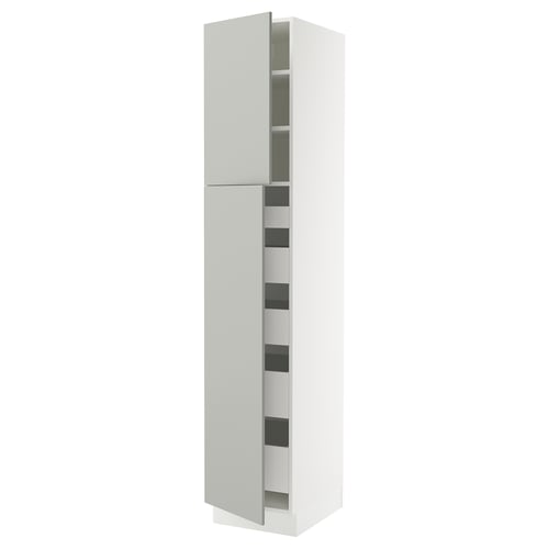 Ikea SEKTION light grey kitchen cabinet, slim, tall, modern design with adjustable shelves and soft-closing hinges.