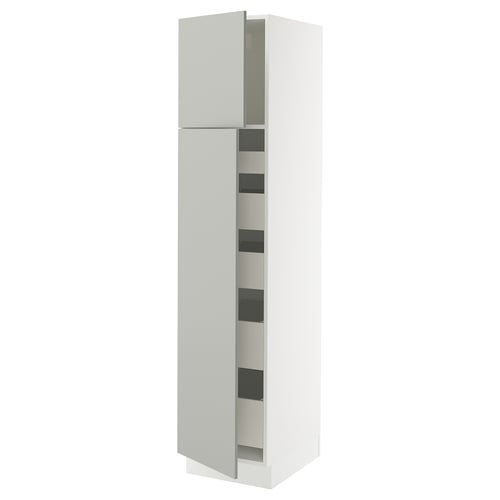 Modern white kitchen cabinet, 3 shelves, grey interior, sleek design.