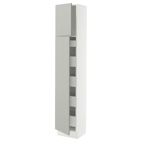 SEKTION kitchen cabinet, light grey, modern minimalist design with soft-closing doors, tall white structure.