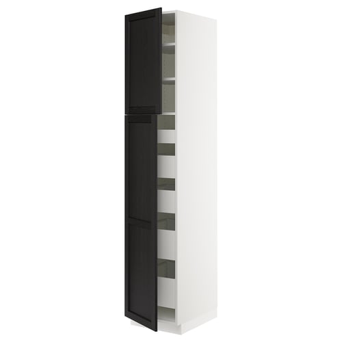 A tall white kitchen cabinet with black stained wooden doors and five adjustable shelves. It a sleek, minimalist design with modern appeal.