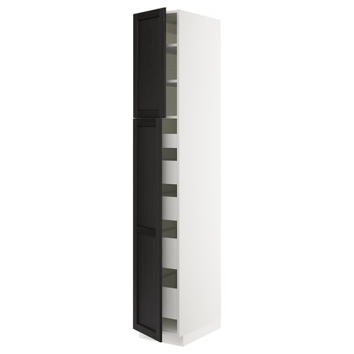 A tall white ikea SEKTION kitchen cabinet with black stained lerhyttan wooden doors and several adjustable shelves inside.