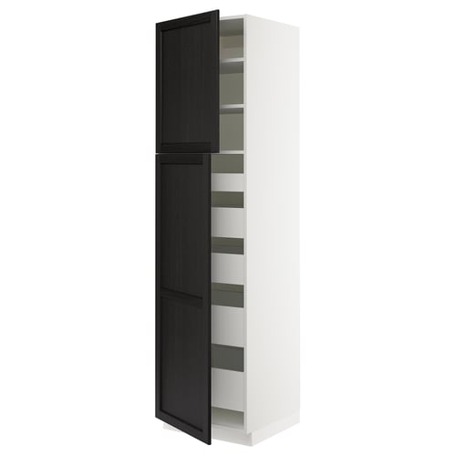 A modern, tall white cabinet with dark stained wooden doors, featuring multiple adjustable shelves inside.